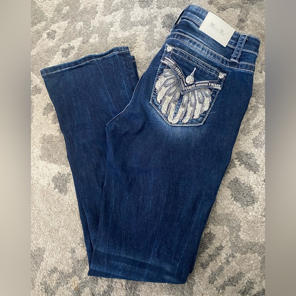 Buckle - Miss Me Dark Blue Flare Jeans with Silver Embellishments